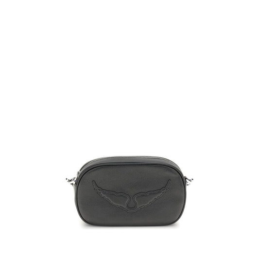 Zadig & Voltaire Black Calf Leather Bos Taurus Shoulder Bag with logo and zipper closure, trendy accessory with detachable strap.