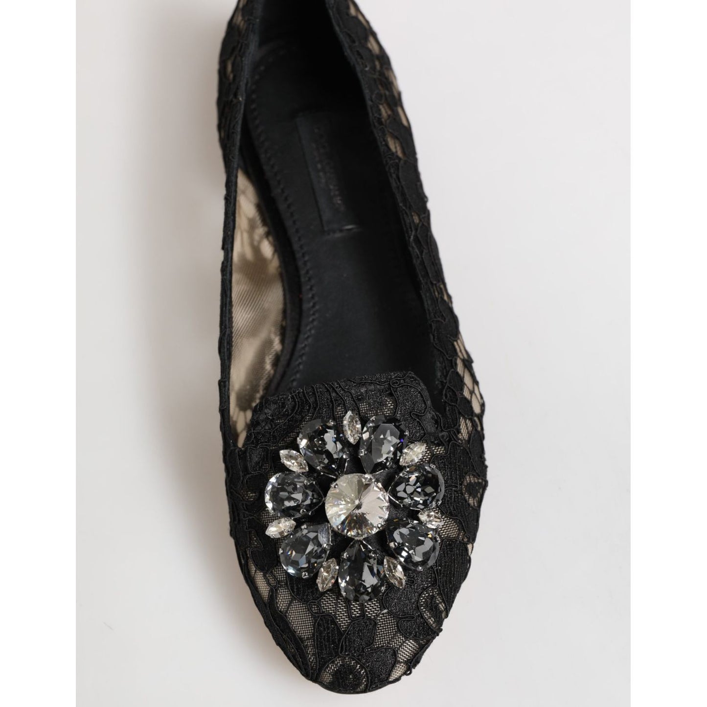 Dolce & Gabbana Black Taormina Lace Crystals Flats Shoes