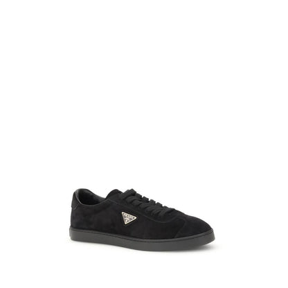 Prada Black Calf Leather Bos Taurus Low Top Sneakers with rubber sole and iconic side-applied plaque, AW25 collection.