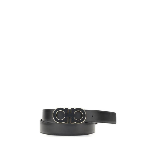 Ferragamo Black Calf Leather Bos Taurus Regular Belt with Gancini buckle, reversible and adjustable for a personalized style.