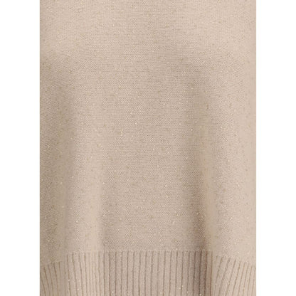 Fabiana Filippi Beige Fleece Wool Sweatshirt with sequins, ribbed crew neck, and wide sleeves for a sophisticated modern look.
