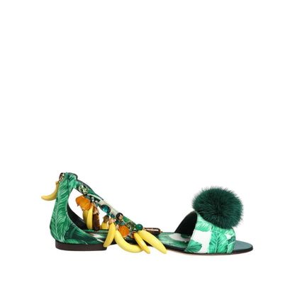 Dolce & Gabbana Green Mink Fur Satin Banana Leaf Sandals Shoes