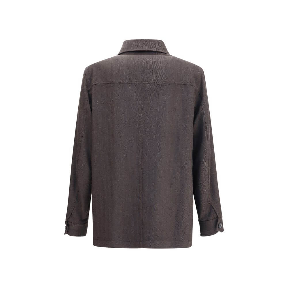 Brioni Brown Wool Coat showing back view with classic collar and elegant design, perfect for sophistication and style.