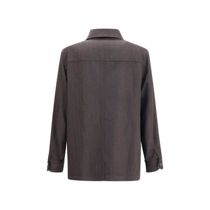 Brioni Brown Wool Coat showing back view with classic collar and elegant design, perfect for sophistication and style.