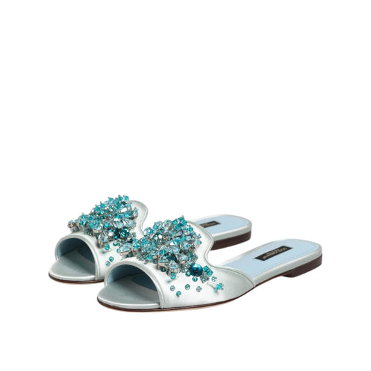 Dolce & Gabbana Silver Blue Leather Bead Embellish Slide Shoes LA12824-35