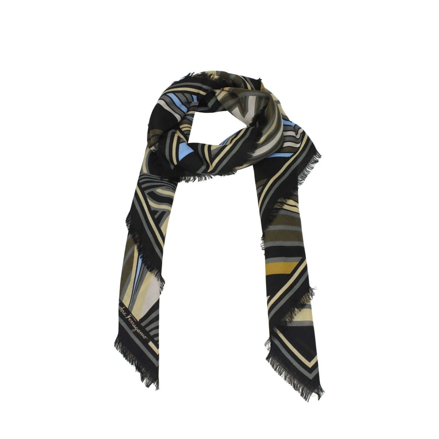 Salvatore Ferragamo Black Wool Foulard, 100% wool with multicolor design, casual style, 70x180 cm, side logo detail