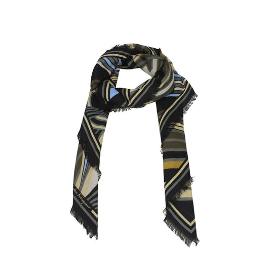 Salvatore Ferragamo Black Wool Foulard, 100% wool with multicolor design, casual style, 70x180 cm, side logo detail