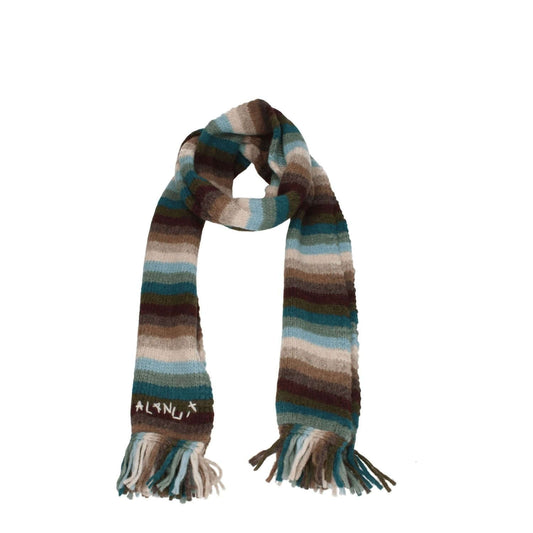 Striped Alanui Beige Leather Scarf with fringes, featuring alpaca blend materials and "Alanui" logo, in blue, brown, beige tones.