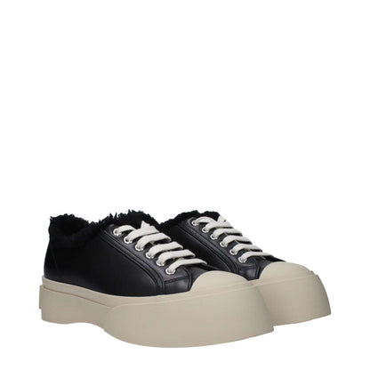 Marni Black Leather Chunky Sneakers with fur detail and lace-up closure, featuring front and back logos, round toe, and mid heels.