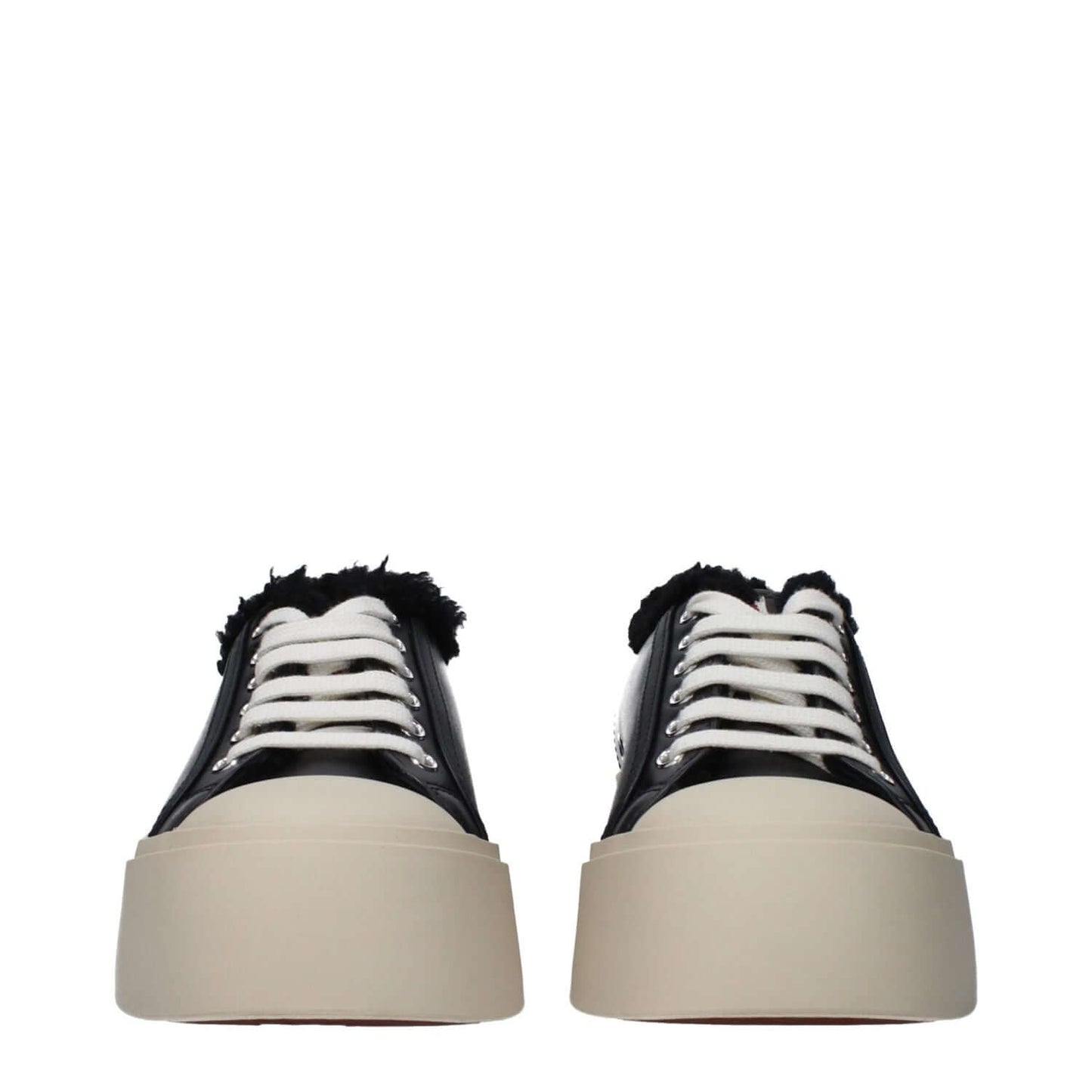 Marni Black Leather Chunky Sneakers with fur detail, front and back logo, lace-up closure, and rubber sole, mid heels, round toe, 3.5 cm heel.