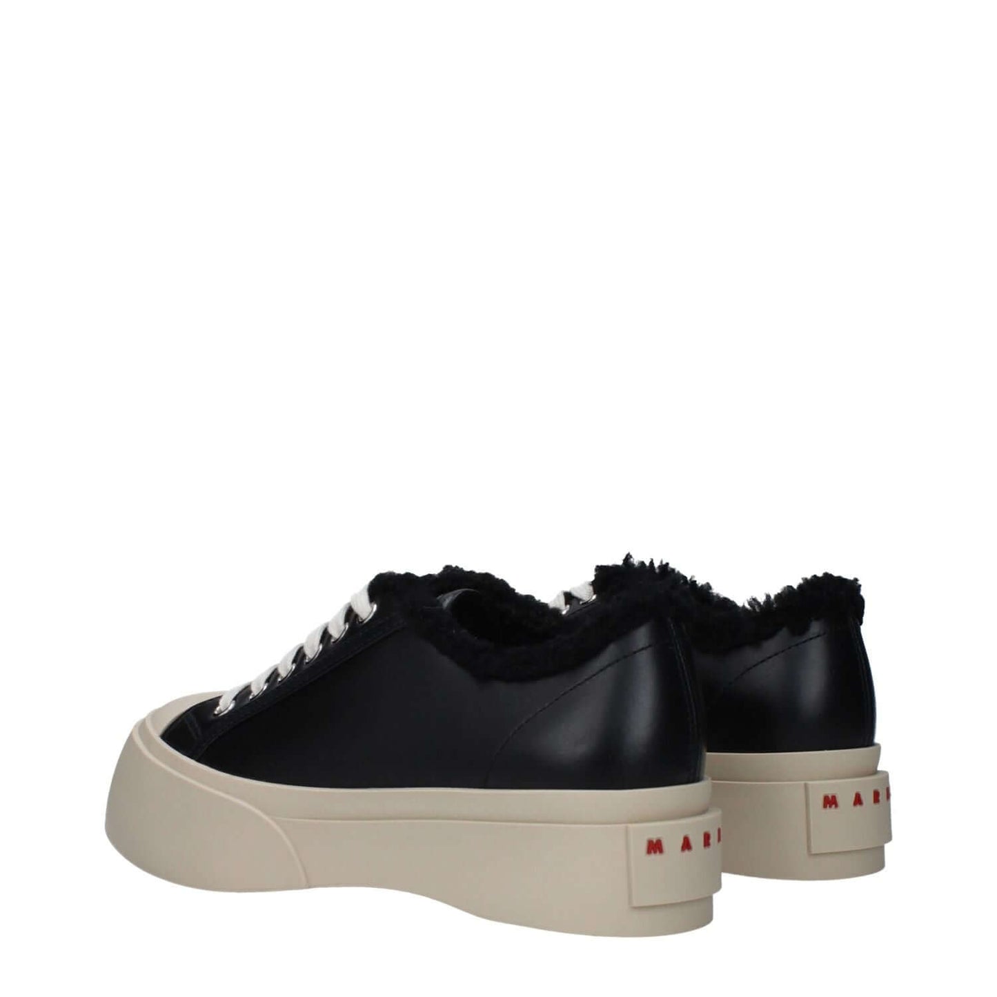 Marni Black Leather Chunky Sneakers with fur detail, front and back logo, lace-up closure, and rubber sole, round toe, mid heels.