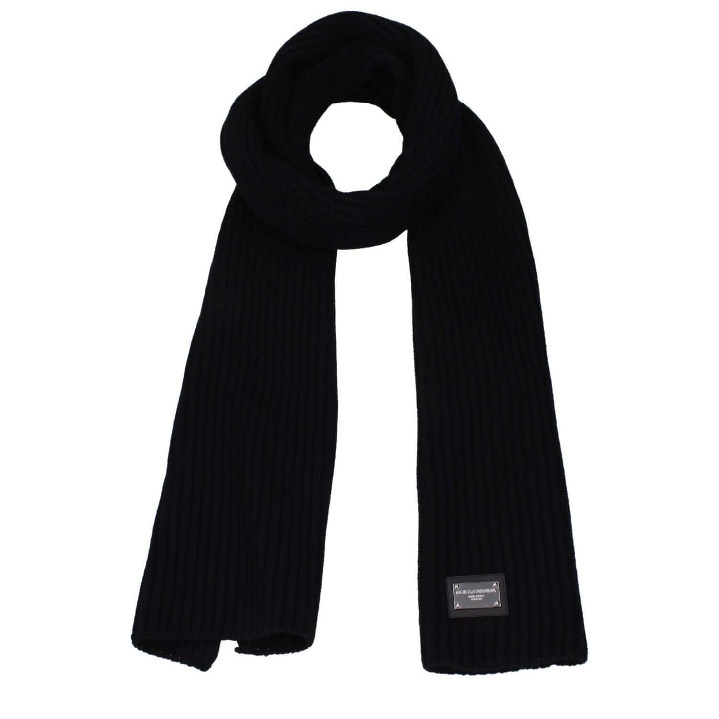 Dolce & Gabbana Black Wool Scarf with logo, made of 90% virgin wool and 10% cashmere, features silver details, measuring 29×204 cm.