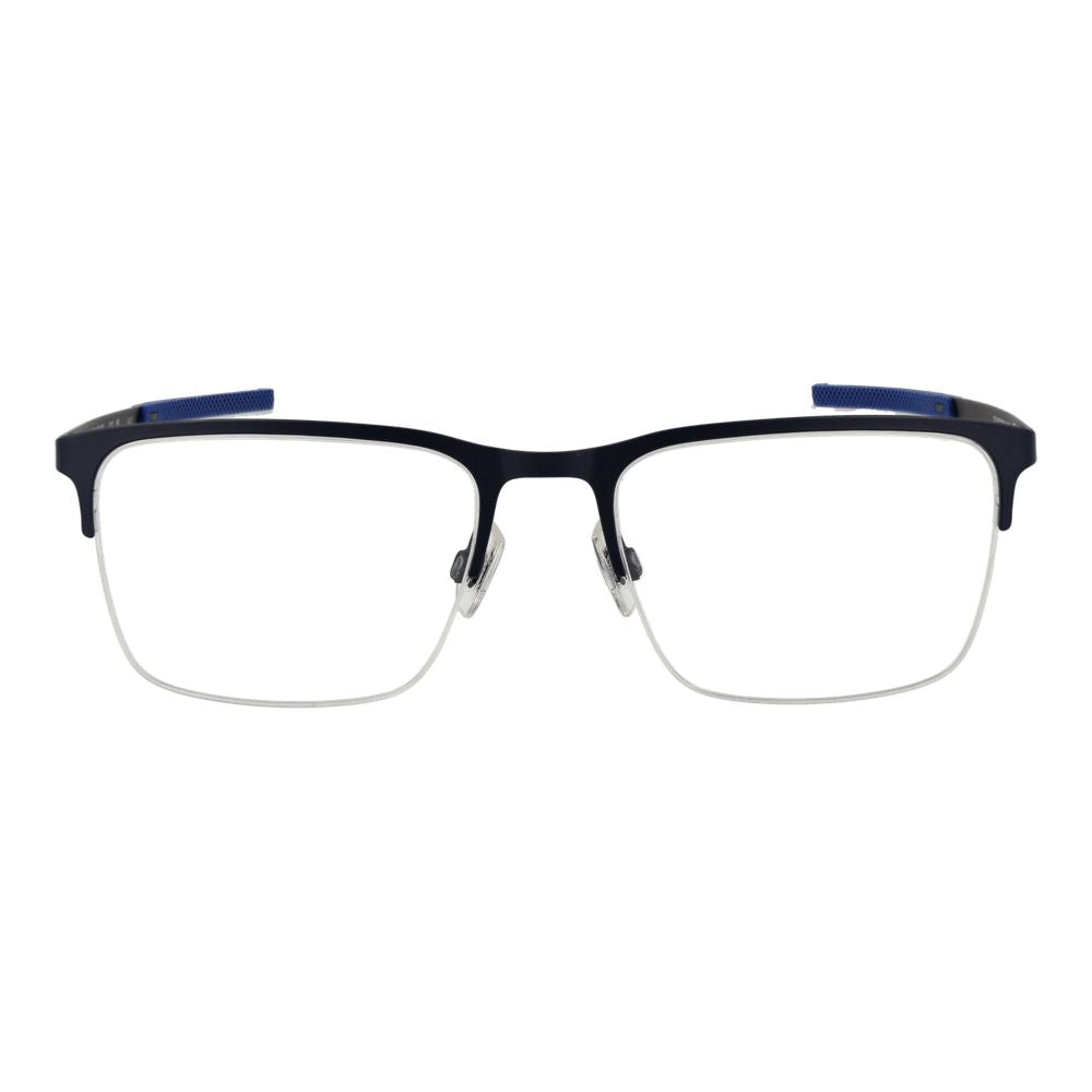 Land Rover Blue Men Glasses Frame in stainless steel half-rim rectangle style with blue color, demo lenses, and 100% UVA & UVB protection.