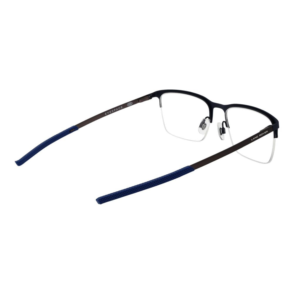 Land Rover Blue Men Glasses Frame in stainless steel with half-rim style, rectangle shape, and blue color, includes branded case.