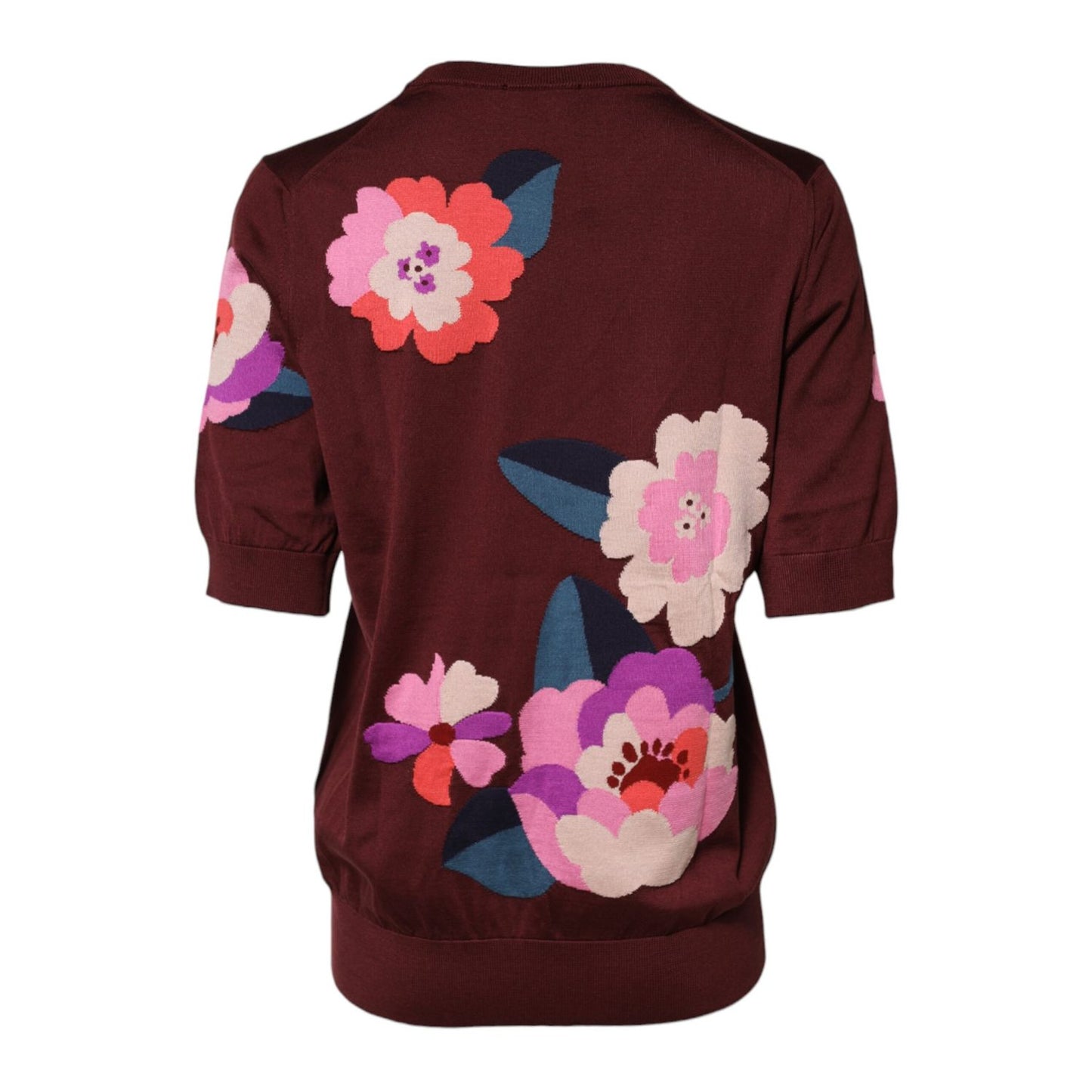 Dolce & Gabbana Maroon Floral Silk Crew Neck Blouse Top