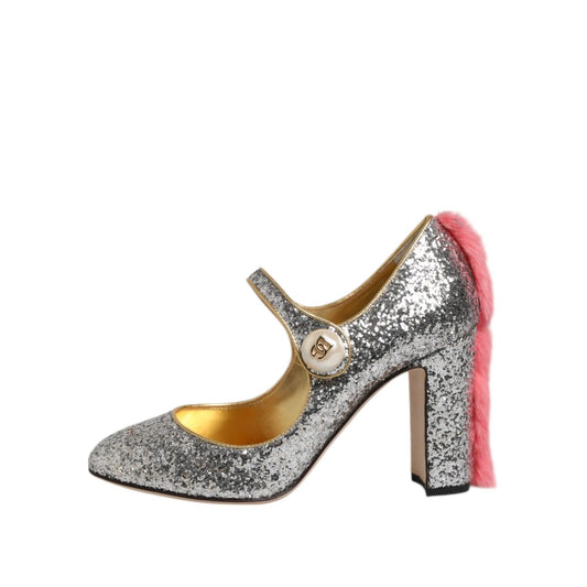 Dolce & Gabbana Silver Glitter Mink Fur VALLY Pumps Shoes LA12759-37