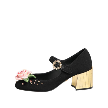 Dolce & Gabbana Black Flower Crystal Embellished Mary Jane Shoes