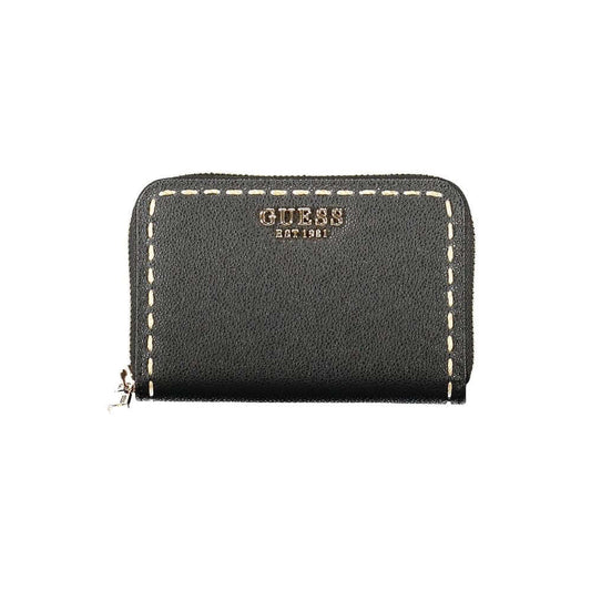 Guess Jeans Black Polyethylene Wallet with zip closure and contrasting details, showcasing the logo and double card spaces.
