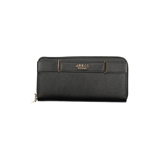 Guess Jeans Black Polyethylene Wallet with multiple compartments and zip closure, featuring logo and removable pull handle.