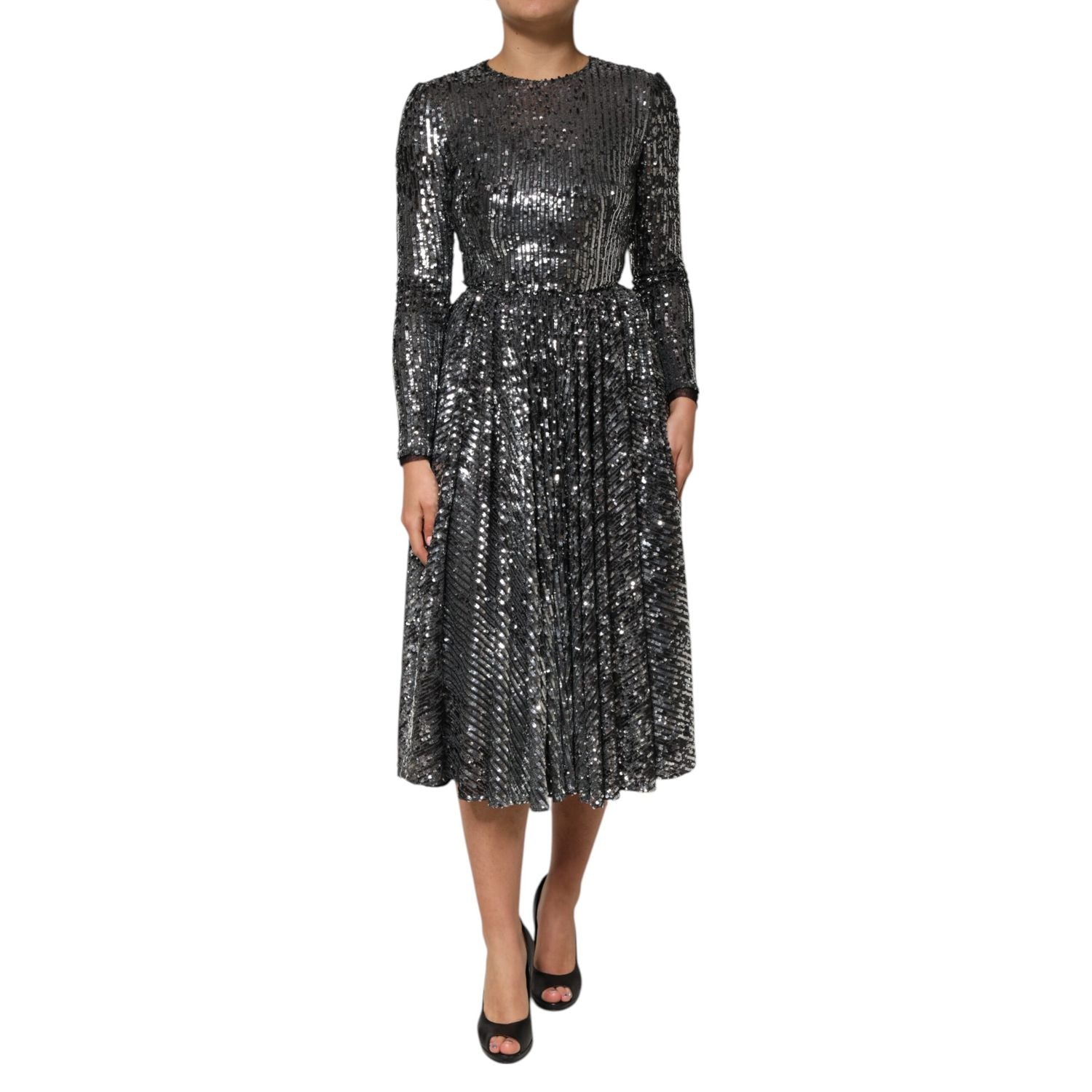 Dolce & Gabbana Black Sequined Long Sleeves Midi A-line  Dress