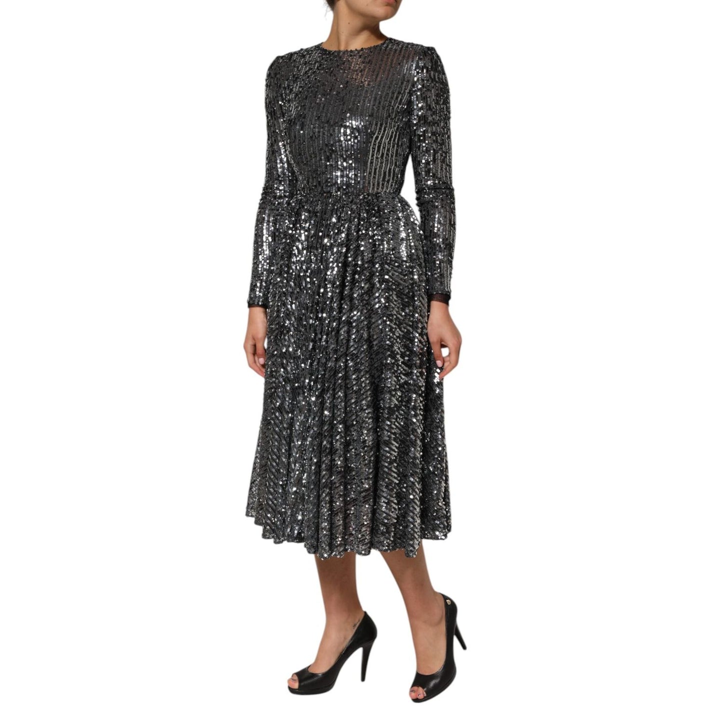 Dolce & Gabbana Black Sequined Long Sleeves Midi A-line Dress