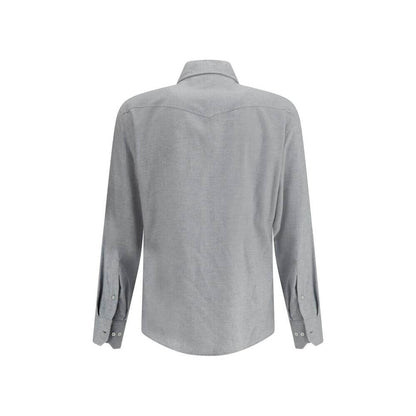 Back view of Brunello Cucinelli Gray Cotton Pattern Shirt with adjustable cuffs and classic collar, featuring a contemporary design.