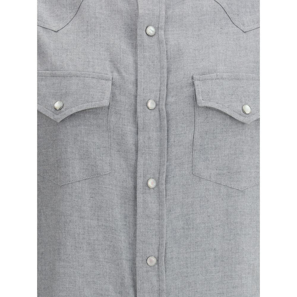 Brunello Cucinelli Gray Cotton Pattern Shirt with snap-button closure and patch flap pockets