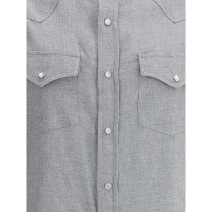 Brunello Cucinelli Gray Cotton Pattern Shirt with snap-button closure and patch flap pockets