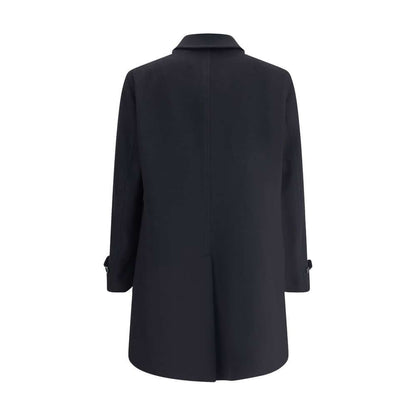 Lardini Black Fleece Wool Trench Coat with button closure and adjustable cuffs, made of 100% pure virgin wool, back view.