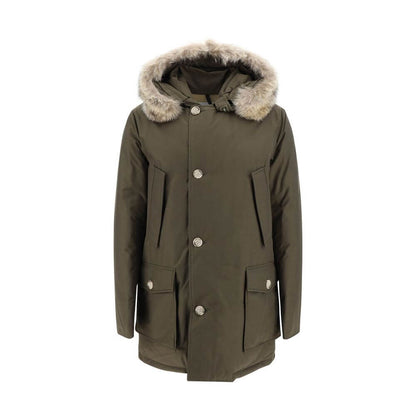 Woolrich Green Cotton Parka with fur-trimmed hood, front zip and button closure, two side patch and front welt pockets, AW25.