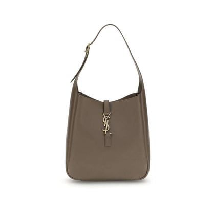 Saint Laurent Brown Calf Leather Bos Taurus Shoulder Bag with YSL logo, hobo design, and adjustable strap.