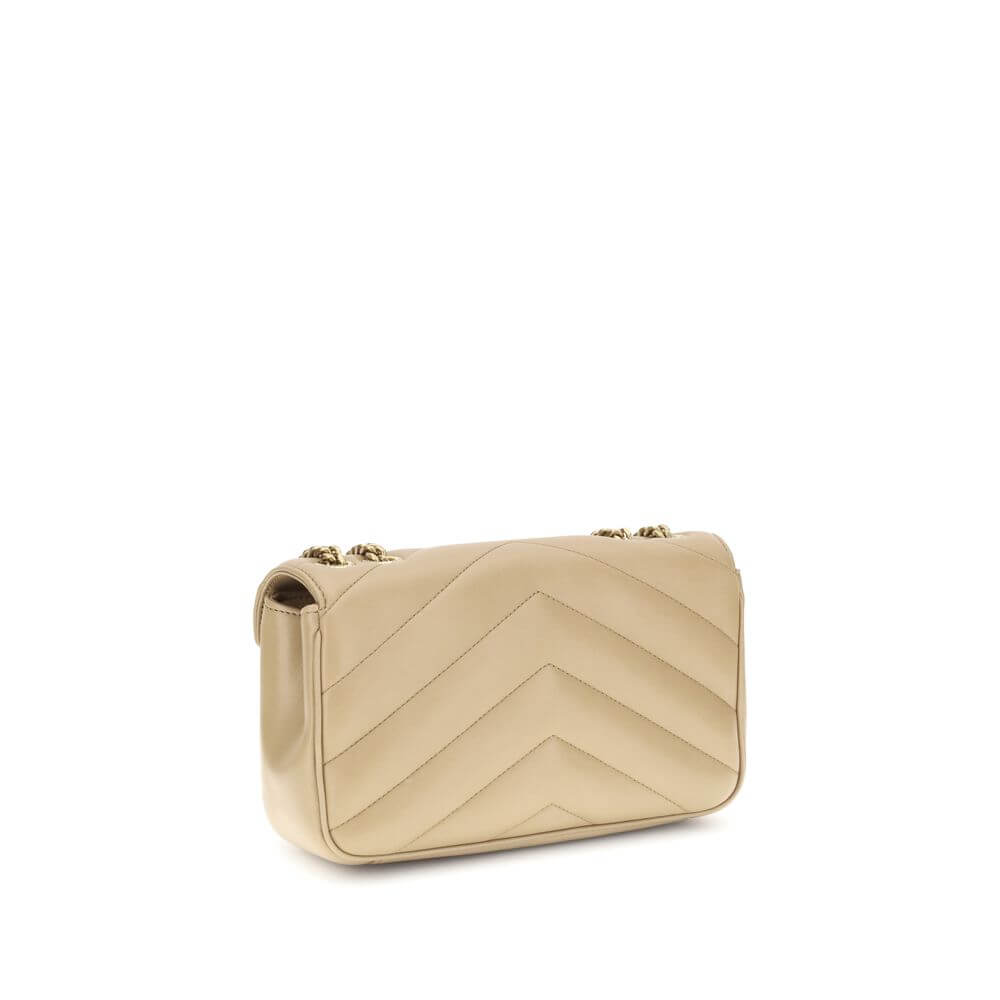 Saint Laurent Beige LouLou Shoulder Bag with quilted design and chain strap, back view showcasing elegance and style.
