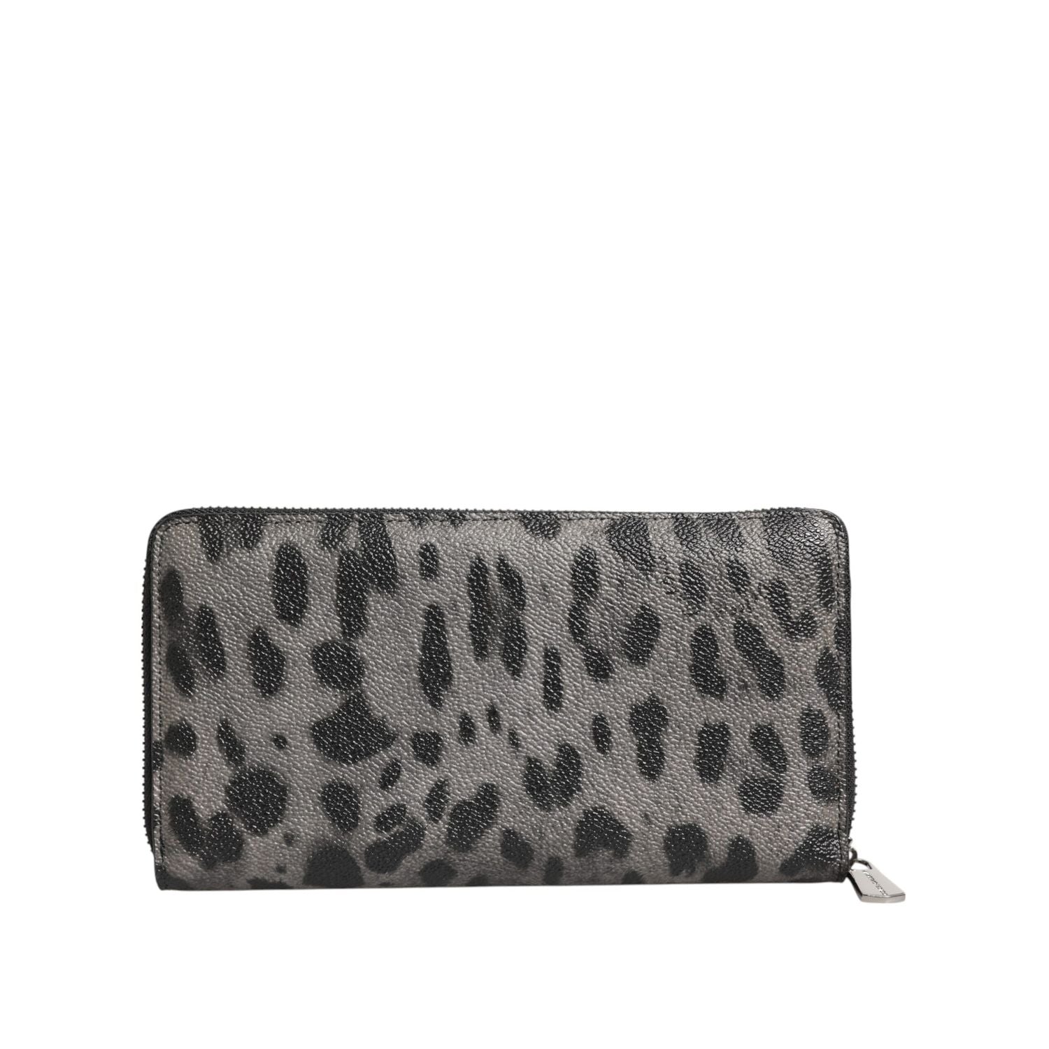 Dolce & Gabbana Black Gray Leopard Leather Zip Around Continental Wallet