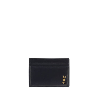 Saint Laurent Black Calf Leather Bos Taurus Wallet, card holder with brass logo, AW25, dimensions 12x12, 100% calfskin leather.