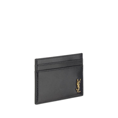 Saint Laurent Black Calf Leather Bos Taurus Wallet, featuring card slots and embossed brass logo. AW25 season, 12×12 cm dimension.