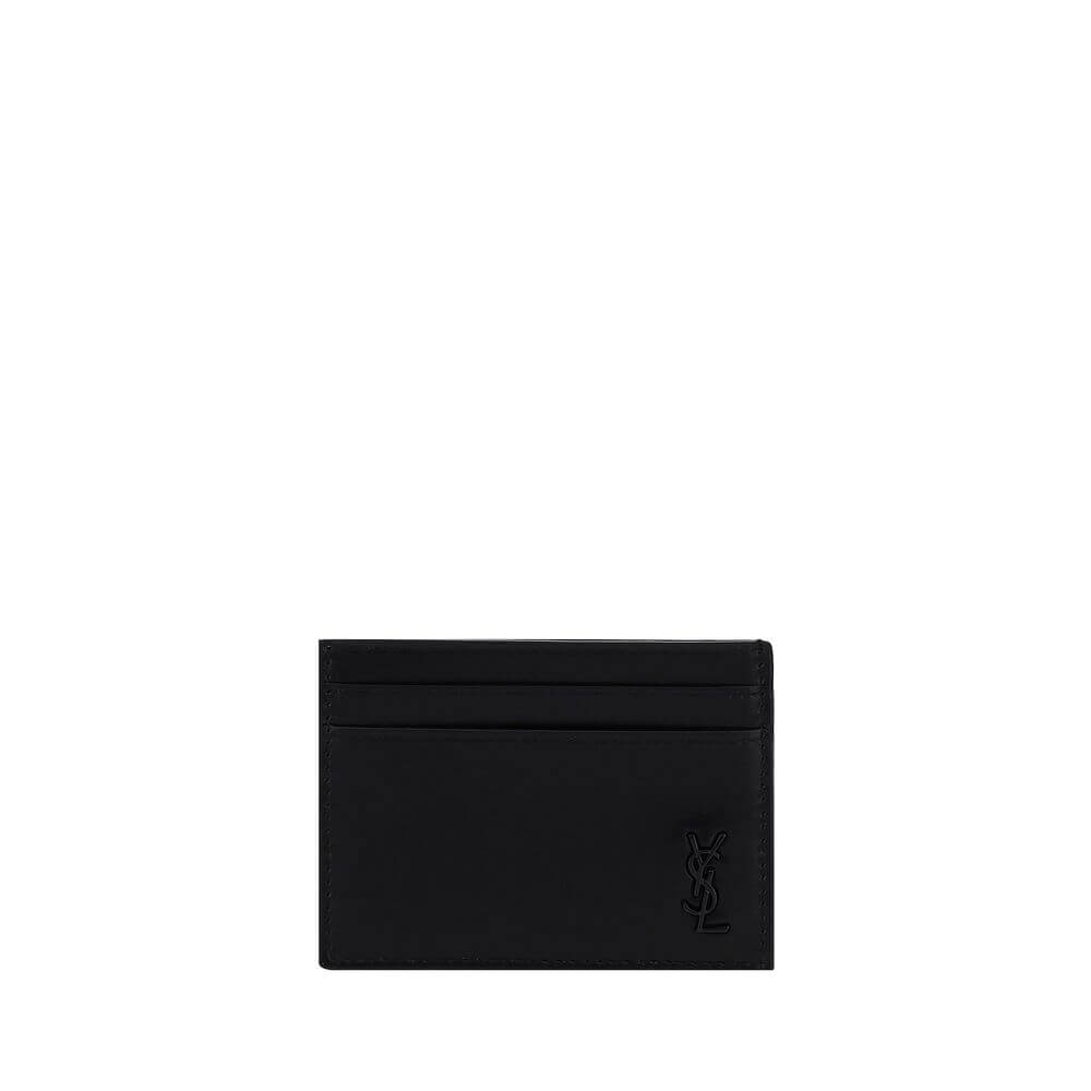 Saint Laurent Black Calf Leather Bos Taurus Wallet with card slots and logo plaque, made from 100% calf leather.