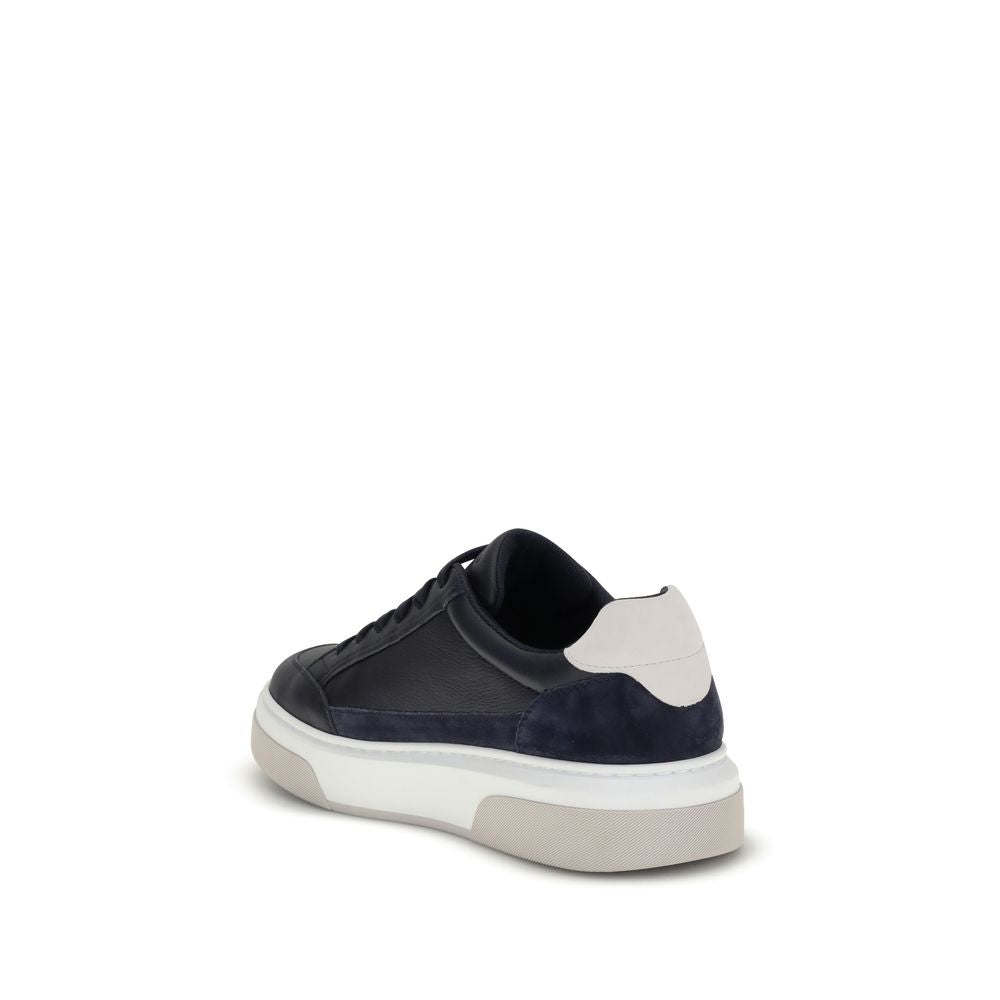 Ferragamo Blue Calf Leather Bos Taurus Low Top Sneakers with suede accents and rubber sole, rear view showcasing iconic Gancini style.