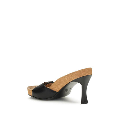 Balenciaga Black Calf Leather Bos Taurus Stiletto Heel Sandals with cork sole and ergonomic insole, featuring Scholl collaboration.