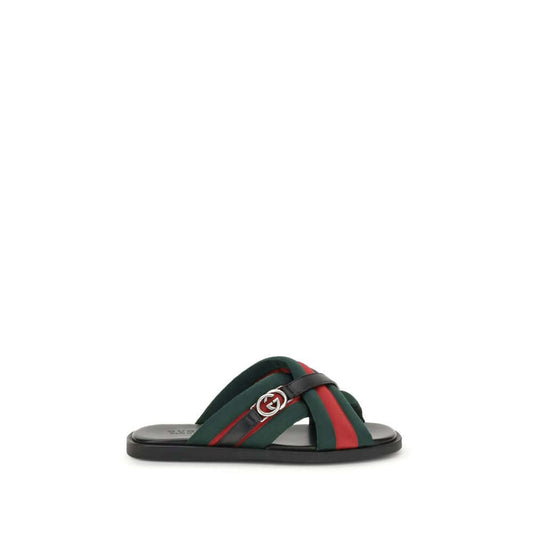 Gucci Black Polyamide Flat Sandals with iconic green-red web and silver Interlocking GG logo, made in Italy.