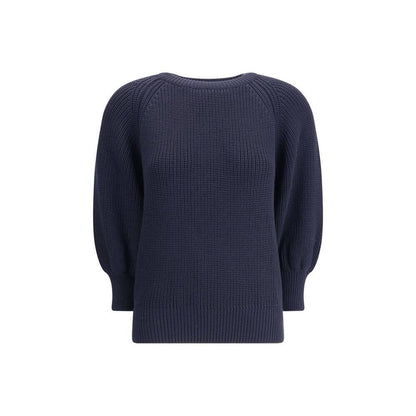 Ella Blue Merino Wool Sweater with ribbed crewneck, hem, and cuffs, crafted from chunky knit for comfort and style, perfect for cold days.