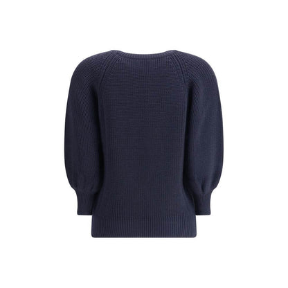 Ella Blue Merino Wool Sweater featuring chunky knit and ribbed design, AW25 collection, 100% Merino Wool, Made in Italy.