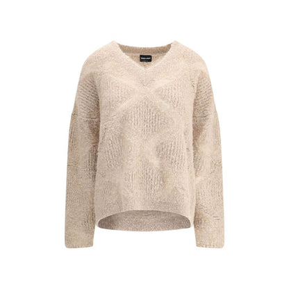 Giorgio Armani Cream Cashmere Cashmere Sweater featuring a V-neck with sheer detail, made from cashmere, alpaca, and silk blend, AW25 collection.