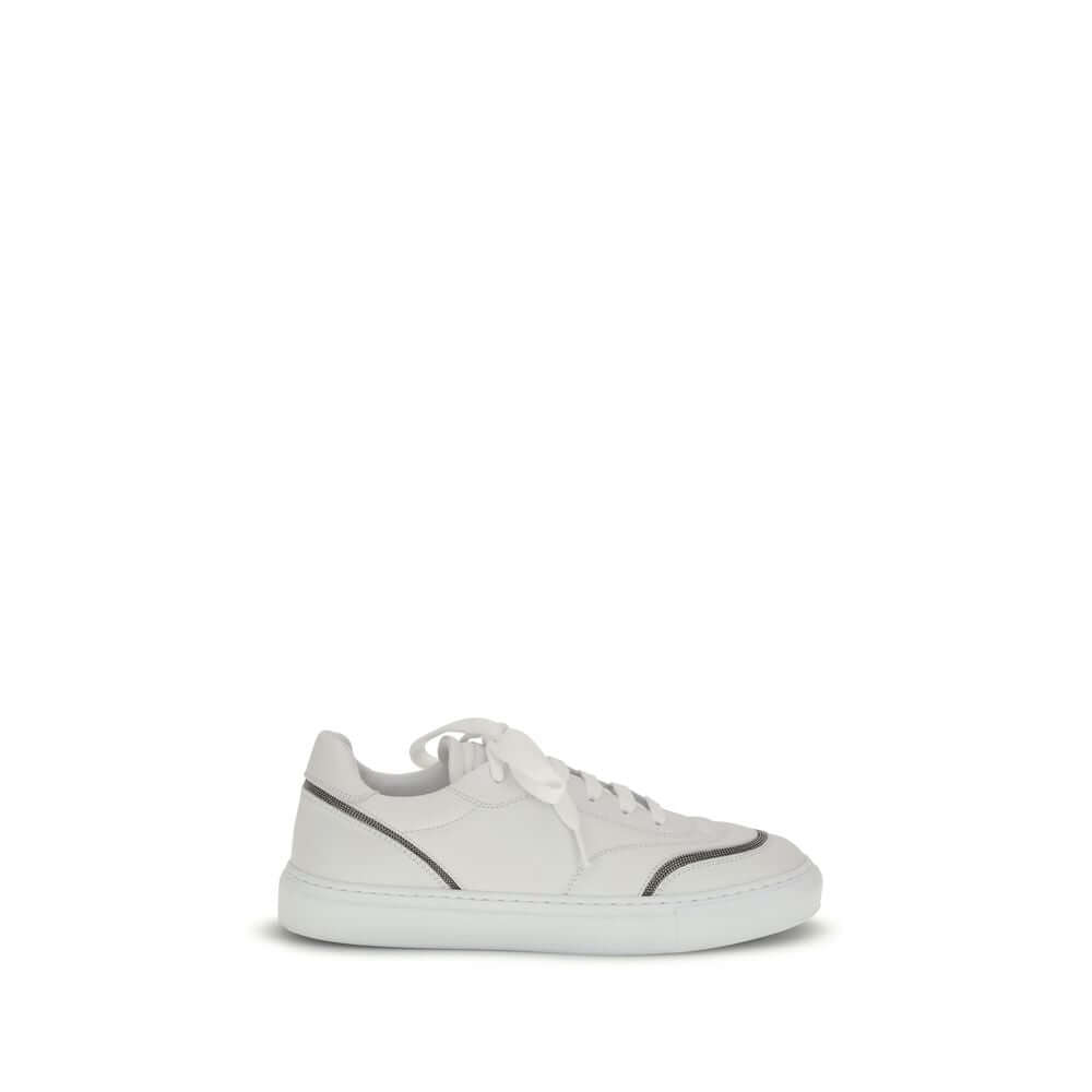 Brunello Cucinelli White Calf Leather Bos Taurus Low Top Sneakers with monili details and TPU sole.