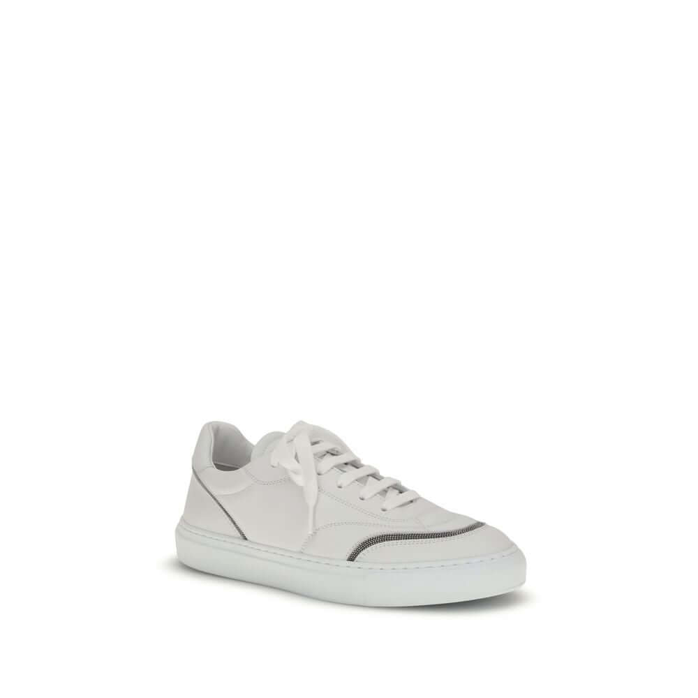 Brunello Cucinelli White Calf Leather Bos Taurus Low Top Sneakers with monili decoration, TPU rubber sole, and flat cotton laces.