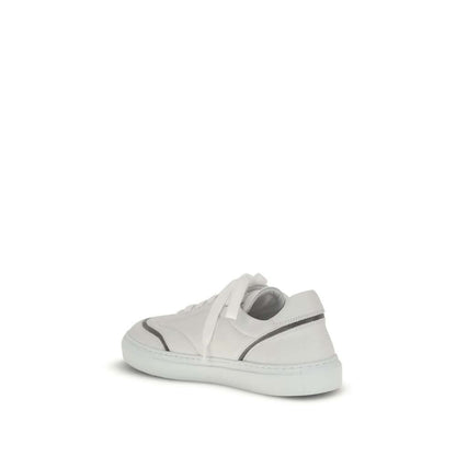 Brunello Cucinelli White Calf Leather Bos Taurus Low Top Sneakers with shiny details and TPU sole, rear view.