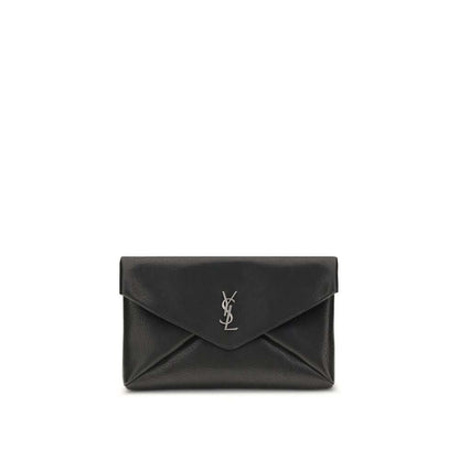 Alt Tag: Saint Laurent Black Calf Leather Bos Taurus Clutch Bag with silver logo, magnetic closure, and interior pocket, 30x30x5 dimensions.