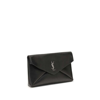 Saint Laurent Black Calf Leather Bos Taurus Clutch Bag with silver logo and envelope style design.