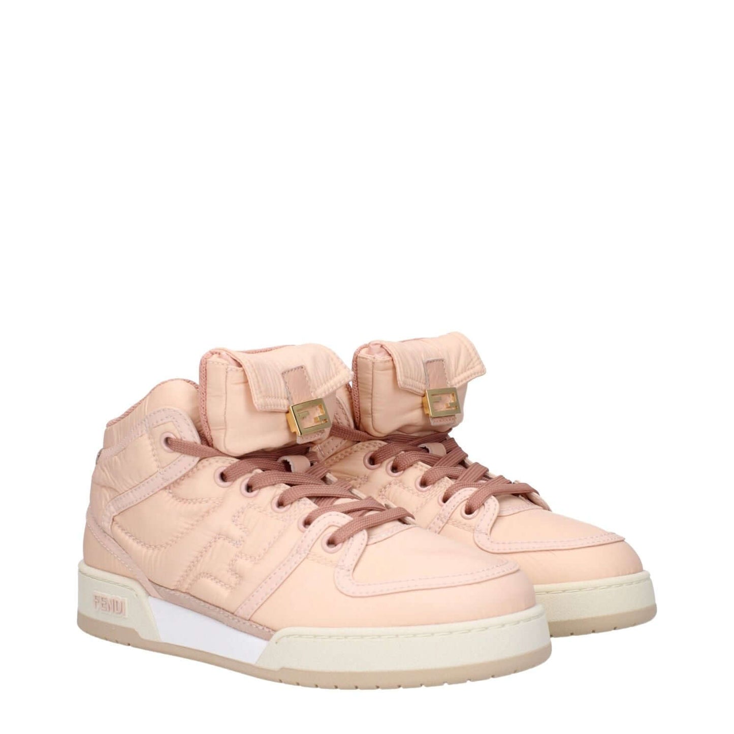 Fendi Pink Nylon High Top Sneakers with side and back logo, lace up closure, mid heels, round toe, rubber sole, and peach accents.