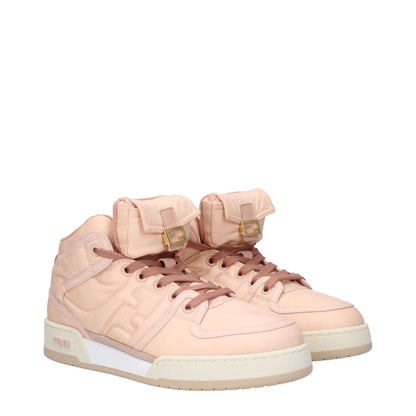 Fendi Pink Nylon High Top Sneakers with side and back logo, lace up closure, mid heels, round toe, rubber sole, and peach accents.