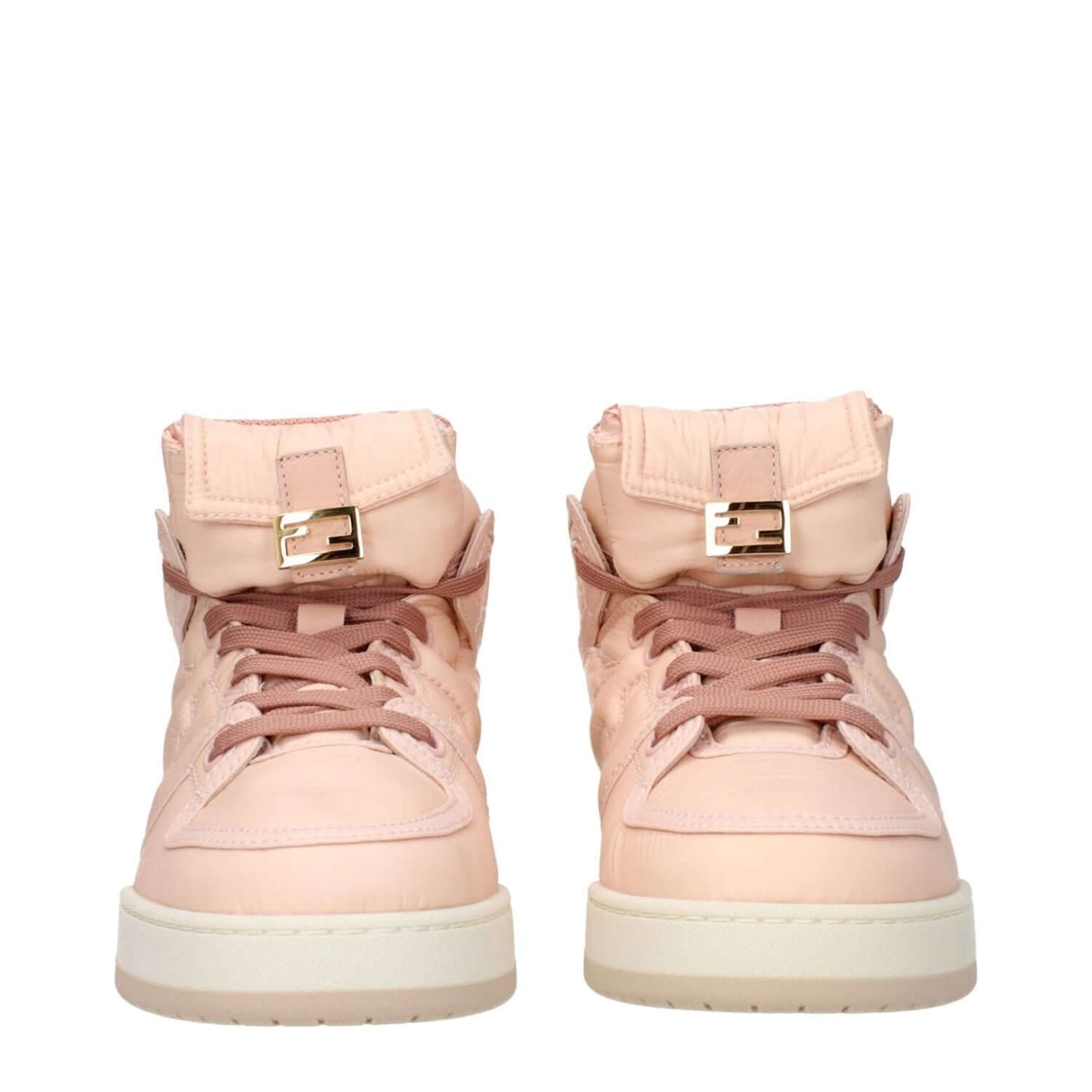 Fendi Pink Nylon High Top Sneakers with logo details, lace-up closure, rubber sole, and round toe in peach and pink.
